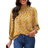 Womens Blouses Dressy Casual Long Sleeve Tops Mock Neck Print Shirts Frill Trim Work Office Tops 2024