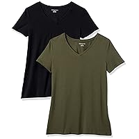 Amazon Essentials Women's Classic-Fit Short-Sleeve V-Neck T-Shirt, Pack of 2, Olive/Black, Large