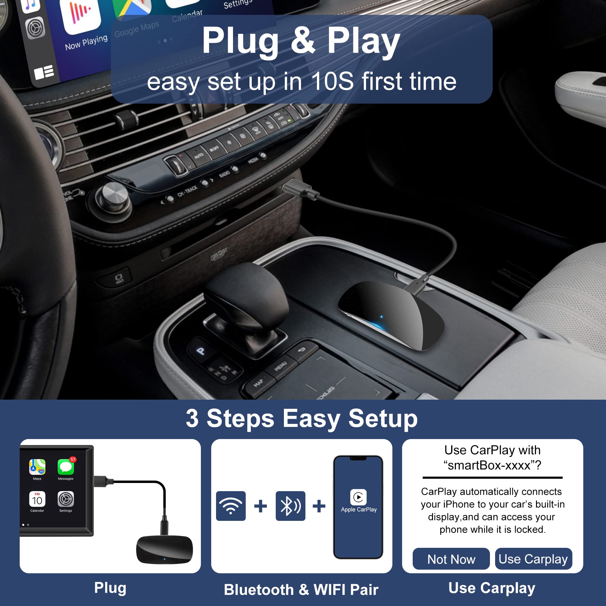 Wireless CarPlay Adapter for Factory Wired CarPlay, Wireless Dongle for Apple CarPlay Cars from 2017 and iPhone iOS 12+, Plug & Play, Online Update (White)