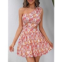 Fall Dresses for Women 2023 Floral Print One Shoulder Cut Out Dress Dresses for Women (Color : Multicolor, Size : X-Small)
