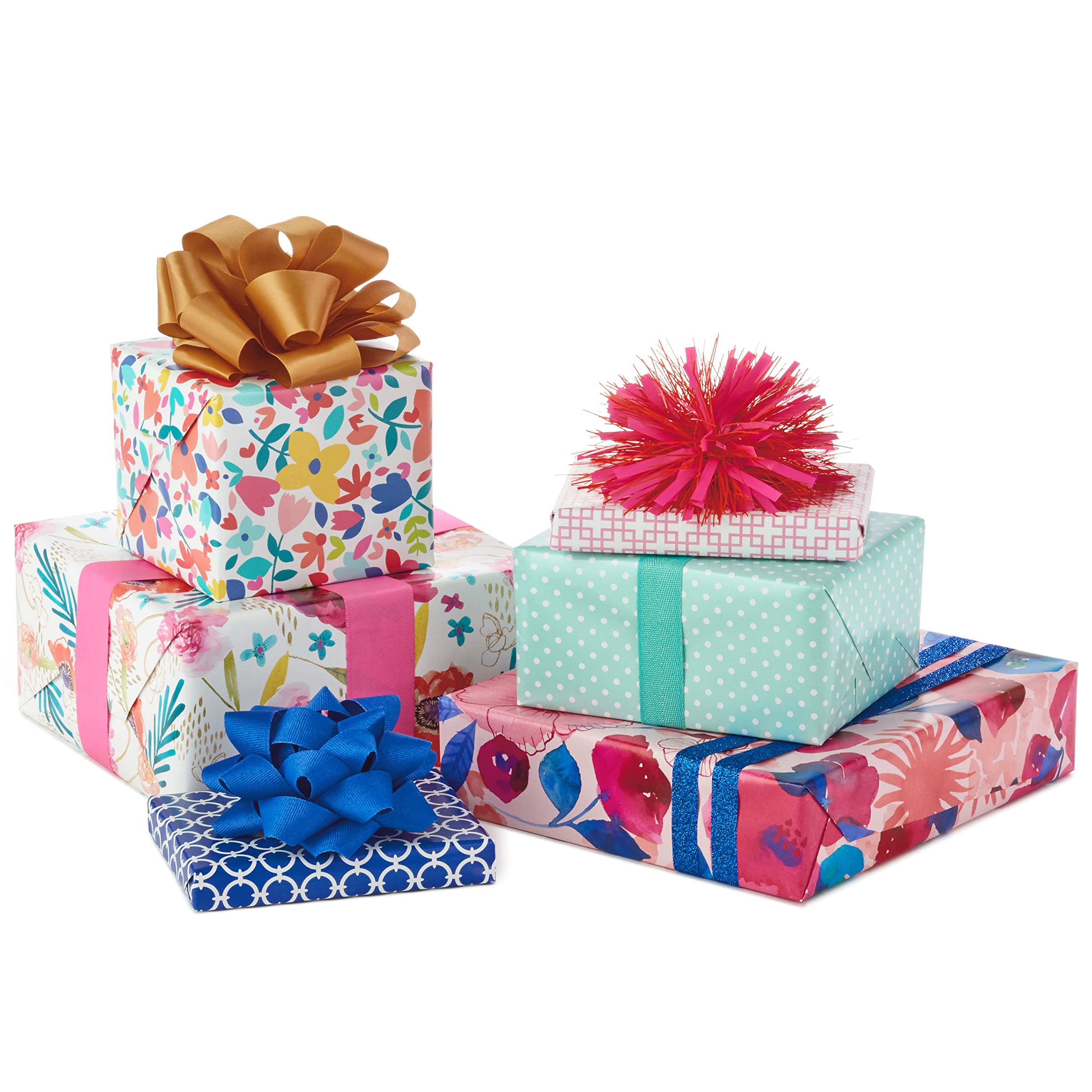 Hallmark Reversible Wrapping Paper Bundle (6 Rolls: 195 Square Feet Total) Flowers & Polka Dots, Black and White, Pink and Blue for Birthdays, Weddings, Valentine's Day, Mother's Day, Baby Shower