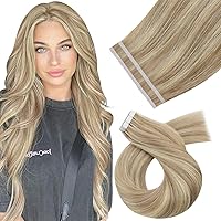 Moresoo Human Hair Tape in Extensions Invisible Hair Tape in Extensions Honey Blonde Highlight Medium Blonde Human Hair Tape in Seamless Hair Extensions Human Hair 18 Inch #16/22 10pcs 25g