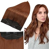 Full Shine Wire Hair Extensions Real Human Hair Orange Hair Straight Hairpiece Invisible Wire Hair Extensions Silky Long Hair Extensions for Party with Fishing Line Hair 18 Inch 80G