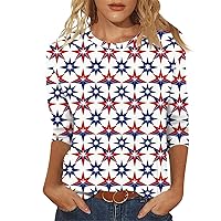 Independence Day 3/4 Sleeve Women's Top 2024, Flag Pattern T-Shirt Casual Plus Size Basic Crewneck Short Sleeve Pullover