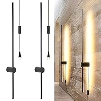Modern Plug in Wall Sconce Set of 2 LED Black Wall Lights with Plug in Cord On/Off Switch 39 3/8 inches Warm White Wall Mounted Deco Lamp for Living Room Bedroom(2-Pack)