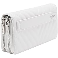 B BRENTANO Vegan Leather Double Zipper Pocket Wallet with Grip Hand Strap (Chevron Embroidered White)