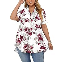 PLOKNRD Women's Plus Size Tops Short Sleeve Henley V Neck Button Up Flowy T Shirts Tunic Loose Blouses