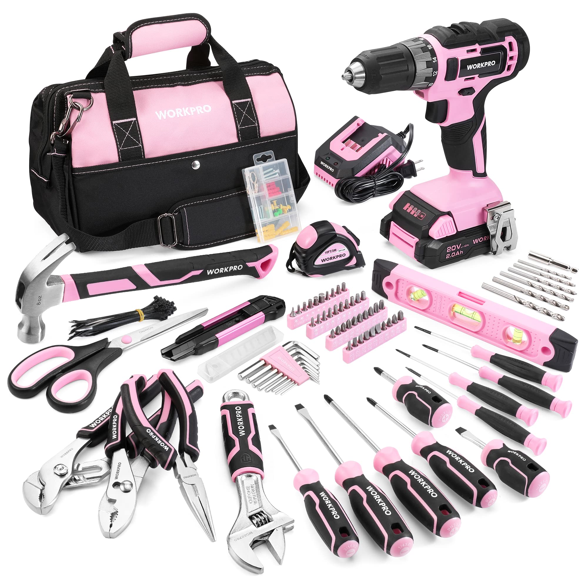 WORKPRO Pink Household Tool Kit with Drill, 157PCS Women Pink Tool Set with 20V Cordless Lithium-ion Drill Driver, Home Tool Kit for All Purpose, Power Drill Sets with Pink Tool Bag - Pink Ribbon