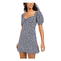 Sequin Hearts Womens Navy Ruched Floral Pouf Sleeve Sweetheart Neckline Short Fit + Flare Dress Juniors S