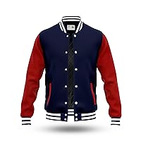 RELDOX Brand Varsity Jacket, Wool Body with Leather Arms Letterman Baseball Unique & Stylish Color Navy Blue-Red , Size XS