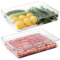 vacane 2 Pack Refrigerator Organizer Bins,Food Storage Container with Lids for Fruit, Vegetables, Bacon Meat Cheese Keeper Marinade Tray, Stackable Freezer Storage Containers