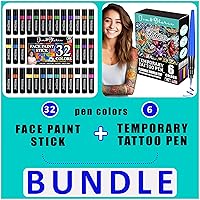 Jim&Gloria 32 Face Paint Colors Metallic, Neon, Classic & Makeup Brush + 6 Temporary Tattoo Pens Removable Face Body Paint Markers Kit