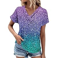 Womens Tops Summer Cute Pleated Button V-Neck Short Sleeve T Shirts Solid Color Loose Tees Trendy Casual Tunics Clothing