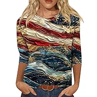 4Th of July Shirts for Women Star Stripes American Flag T Shirt 3/4 Sleeve Crew Neck Summer Tops Casual Blouses