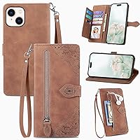 Designed for iPhone 15 Case Wallet for Women,Embossed PU Leather Protective Cover Magnetic Wrist Strap Zipper Card Holder Flip Phone Case for iPhone 15 (Brown)