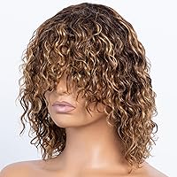 human wigs short water wave wig with bangs 100% brazilian virgin human hair no lace front wigs brown highlight 4/27 wet and wavy human wig glueless wig for black women 12 inch