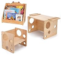 Montessori Weaning Table and Chair Set for Toddler, Natural Solid Wooden Kids Table Cube Chair for Boy Girl, with Montessori Bookshelf for Kids, Kids Magazine Rack Book Display Organizer