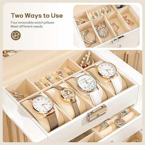 Homde Synthetic Leather Huge Jewelry Box Mirrored Watch Organizer Necklace Ring Earring Storage Lockable Gift Case (White)