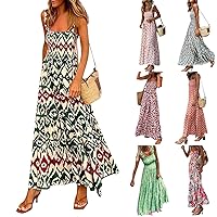 Women's Square Neck Maxi Dress Sleeveless Spaghetti Strap Dresses Boho Floral Beach Wedding Guest Dress Casual Flowy Dress