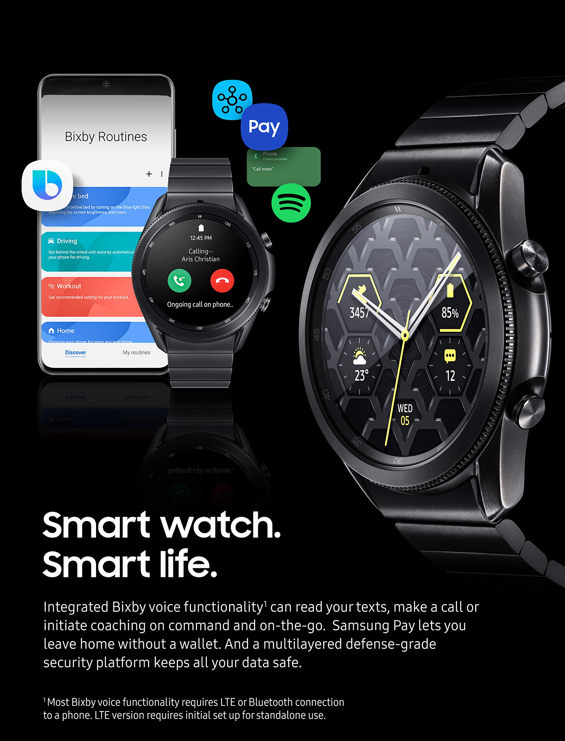 SAMSUNG Galaxy Watch 3 Titanium Smart Watch 45mm US Version GPS Bluetooth Advanced Health Monitoring Fitness Tracking Long-Lasting Battery, Mystic Black