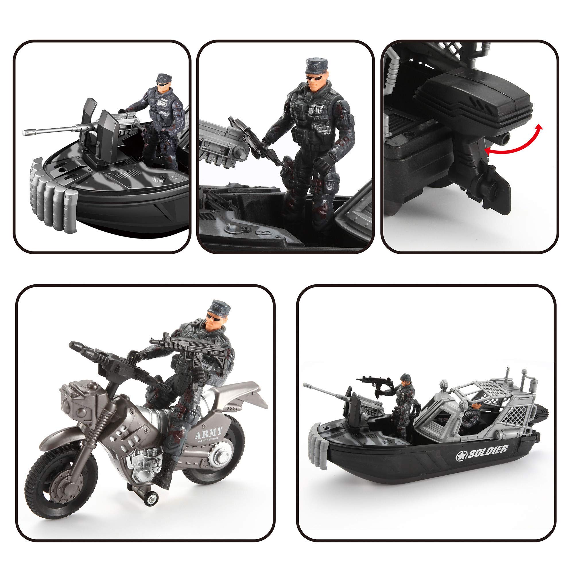 JOYIN 9 Pcs Combat Boat and Military Vehicle Toys Set with Realistic Military Combat Boat, Mini Helicopter, Motorcycle, Army Men Toy Soldiers Action Figures and Other Equipment Accessories