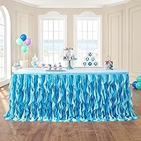 leegleri Tulle Ruffle Curly Willow Table Skirt for Rectangle Table 6 ft, Under The Sea Ocean Blue Baby Shark Themed Tutu Table Skirt for Baby Shower, Birthday Party