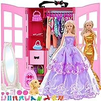 Doll Closet Wardrobe Set for 11.5 Inch Girl Doll 106 Pcs Clothes and Accessories Include Wardrobe, Suitcase, Mirror,Outfits, Dress, Shoes, Hangers, Handbags, Necklace, Crown and Dog (Pink+Rose)