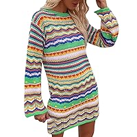 Women 2023 Summer Dress Women Sweater Dress Rainbow Striped Long Sleeve Loose Crochet Striped Hollow Out Mini