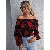 Womens Summer Tops Floral Print Off-The-Shoulder Ruffled Top (Color : Multicolor, Size : X-Small)