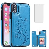 Phone Case for iPhone Xs X 10 10s with Tempered Glass Screen Protector Card Holder Wallet Cover Stand Flip Leather Cell iPhoneX iPhoneXs iPhone10 i PhoneX SX 10x 10xs X’s Cases Women Men Blue