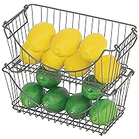 Smart Design Stacking Baskets Organizer - Medium (12.63 x 5.5 Inch) - w/Handle - Steel Metal - Food, Fruit, Vegetable Safe - Kitchen[Gunmetal] - Set of 2