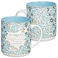 Ceramic Coffee Mug 14 oz Inspirational Bible Verse for Women: My Grace is Sufficient - 2 Corinthians 12:9 Lead and Cadmium-free Novelty Drinkware, Teal Floral White