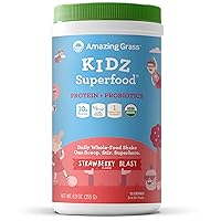 Amazing Grass Kidz Superfood: Vegan Protein & Probiotics for Kids with Beet Root Powder & 1/2 Cup of Leafy Greens, Strawberry Blast, 15 Servings