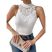 Womens Summer Tops Sexy Casual T Shirts for Women Guipure Lace Panel Mock Neck Knit Top