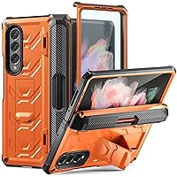 Rugged Case Armor for Samsung-Galaxy-Z-Fold-3 w/Built-in [Kickstand] [S Pen Holder] [Screen Protector] [Hinge Protection], Heavy Duty Shockproof Protective Cover NOT FIT Z Fold4/2 (Orange)