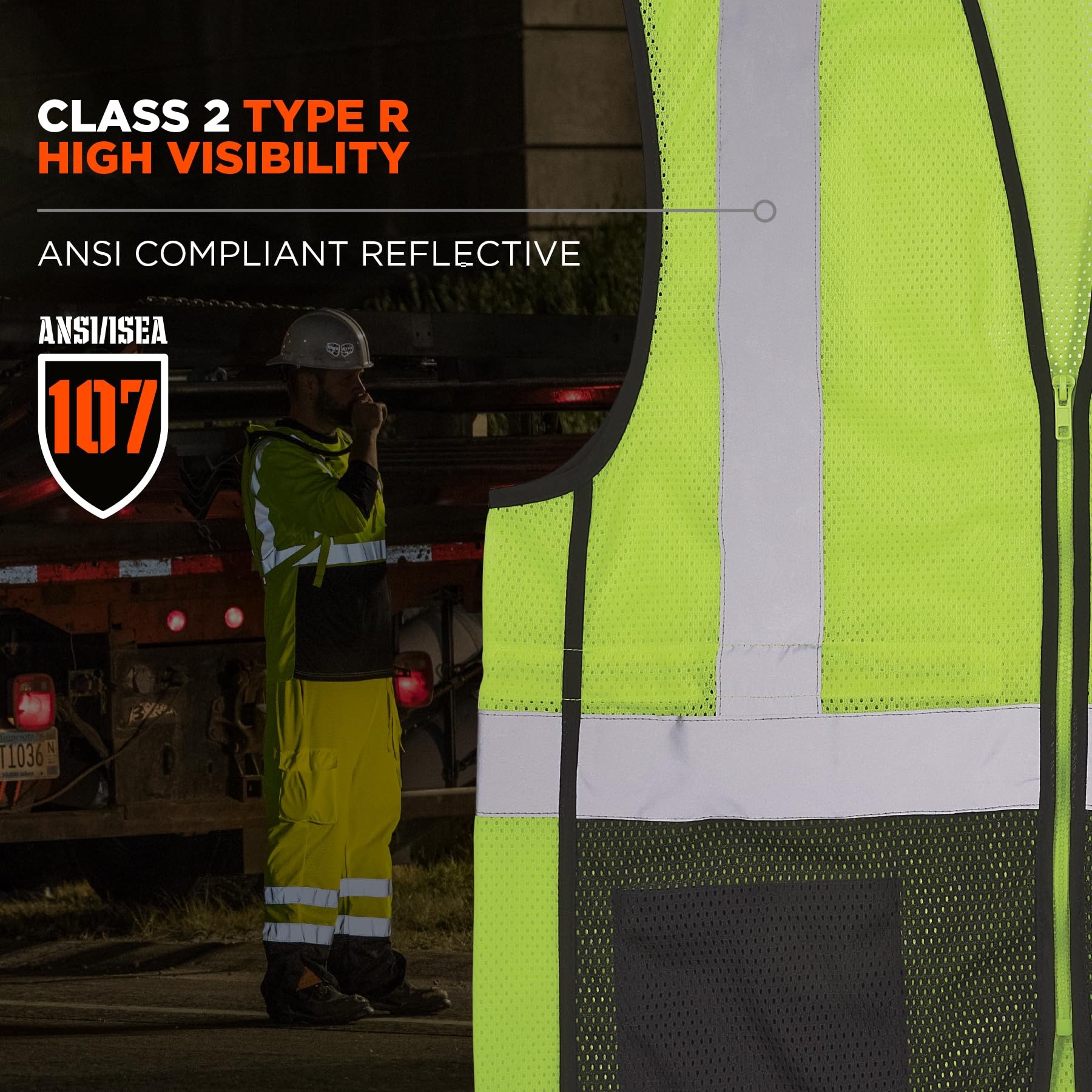 Ergodyne GloWear 8210Z-BK Class 2 Safety Vest, Hi Vis Mesh, Reflective, Black Front, Zipper