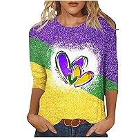 3/4 Sleeve Plus Size Shirts Womens Fashion Mardi Gras Carnival Tshirts Loose Dressy Blouses Trendy Crewneck Basic Tops