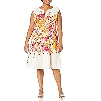 London Times Women's Feminine Floral Split Neck Flattering Fit and Flare Career Guest of Chic Polished