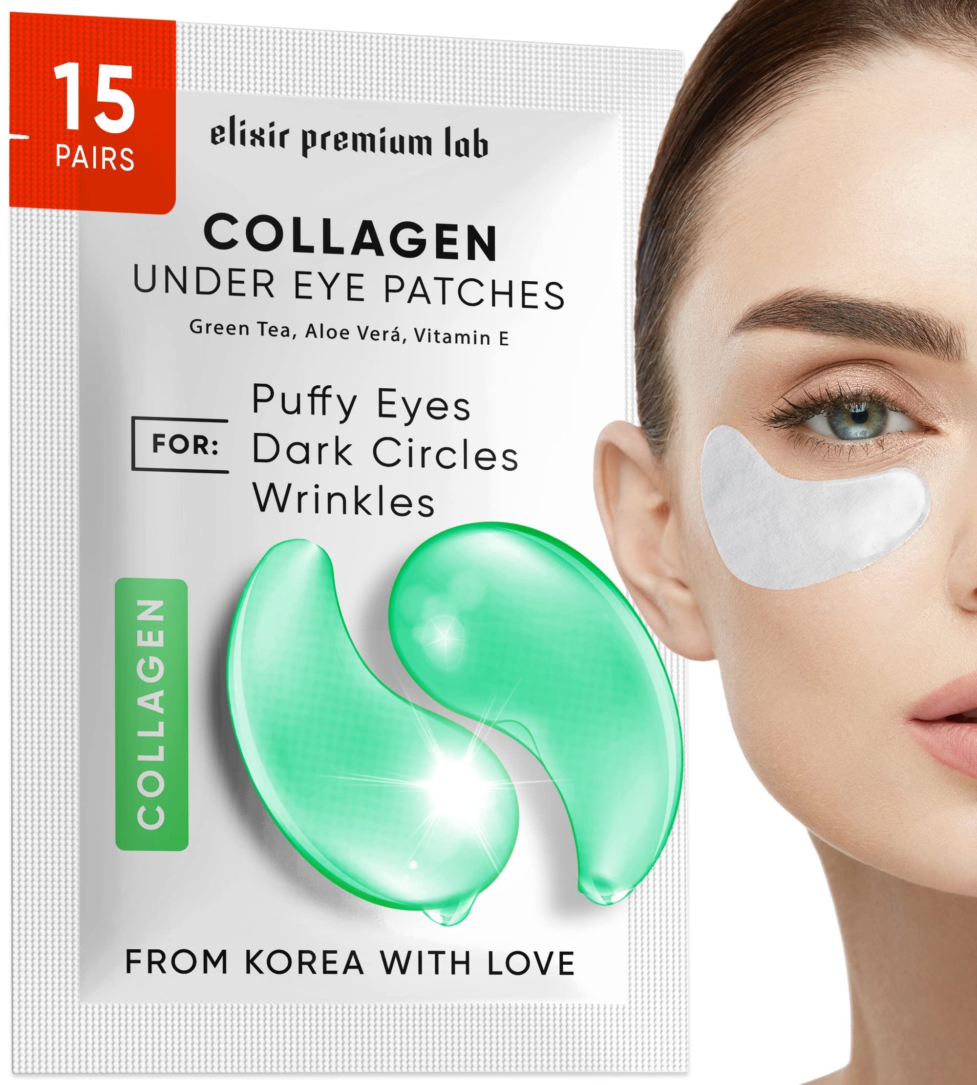 Elixir Premium Lab Collagen & Green Tea Under Eye Patches with Cooling Effect - Reduce Wrinkles, Dark Circles, and Under Eye Bags - 15 Pairs