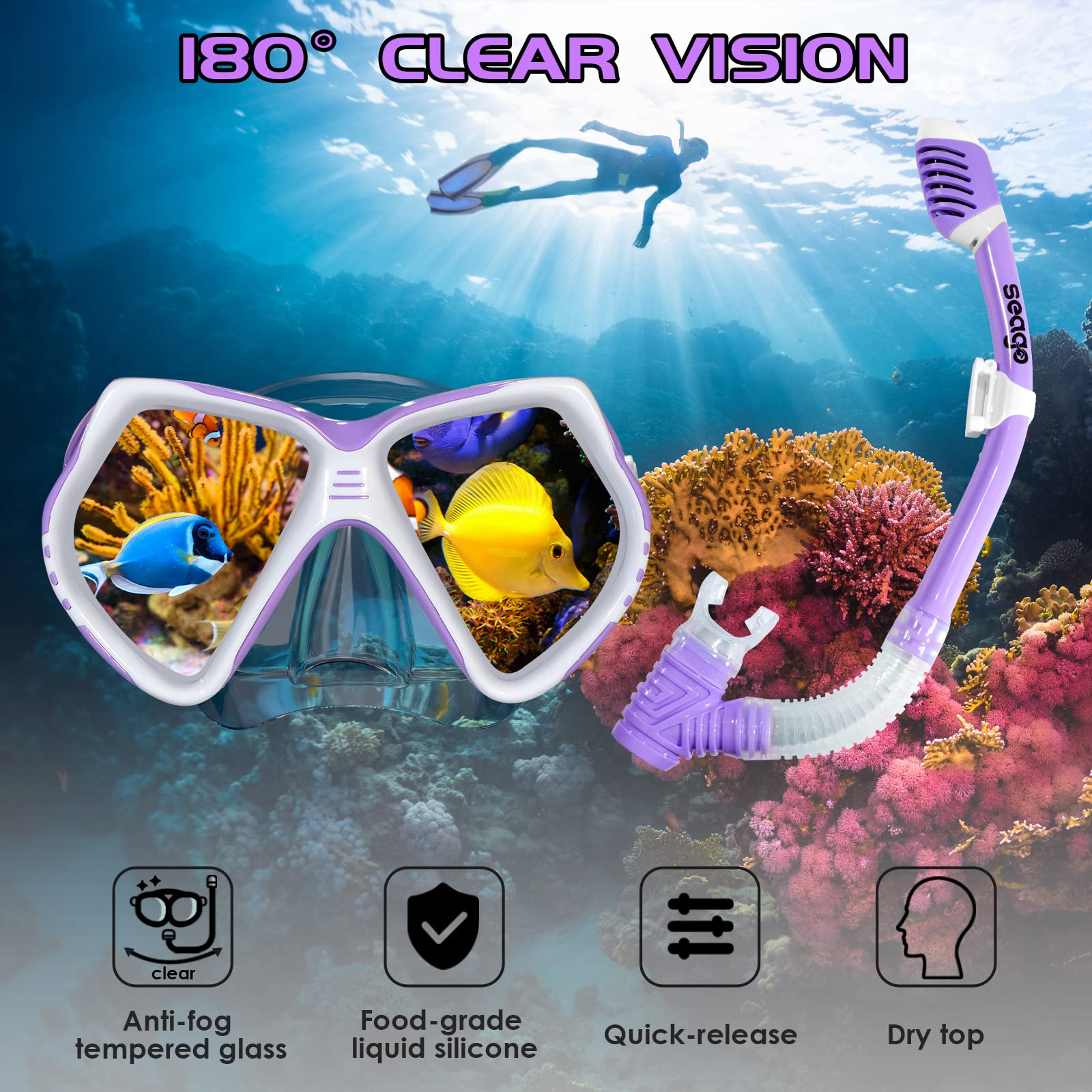 Seago Kids Snorkel Set with Adjustable Flippers Dry Top Snorkel, Snorkeling Diving Gear for Kids Youth(10C-7Y) with Mesh Bag