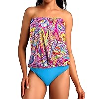Chenghe Two Piece Bandeau Tankini Swimsuits for Women Loose Blouson Swim Top with Bikini Bottom Tummy Control Bathing Suits