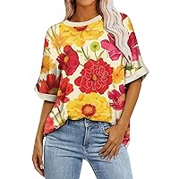 Womens Oversized T Shirts Short Sleeve Crewneck Tops Casual Loose Floral Print Tee Tunic 2024 Summer Trendy Outfits
