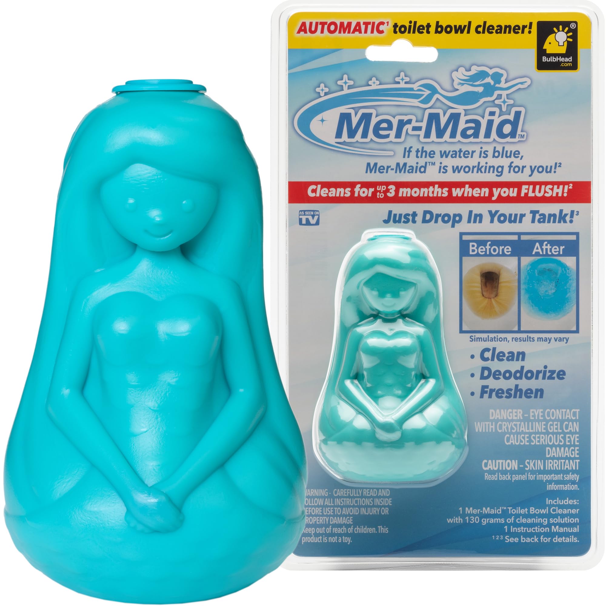Mer-Maid Automatic Toilet Bowl Cleaner, AS-SEEN-ON-TV, Cleans and Freshens with Every Flush, Ultra-Strength Concentrated Formula, Just Drop It in Your Tank, 4 In, Blue