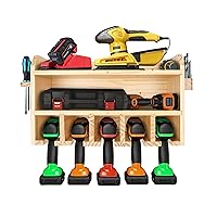 Pro-Lift Cordless Drill Organizer – wall mount power tool storage rack, 5 hanging slots, wooden M-003W