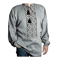 rushnichok Ukrainian Vyshyvanka Mens Shirt Handmade Embroidered Gray Linen Black Beige Pattern Linen