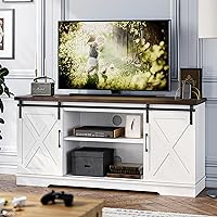 IDEALHOUSE Farmhouse TV Stand, Entertainment Center for 65 Inch TV Media Console Cabinet, White Barn Doors TV Stand with Storage and Shelves, Modern TV Console Table Furniture for Livingroom