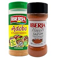 Iberia Sazon with Annatoo & Coriander, 12 oz+ Iberia Adobo All Purpose Seasoning, Without Pepper, 16 oz