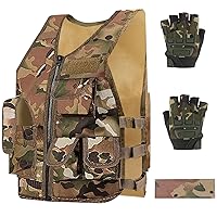 Kids Outdoor Tactical Vest, Children's Combat Vest Adjustable Breathable Vest with Kids Half Finger Short Gloves