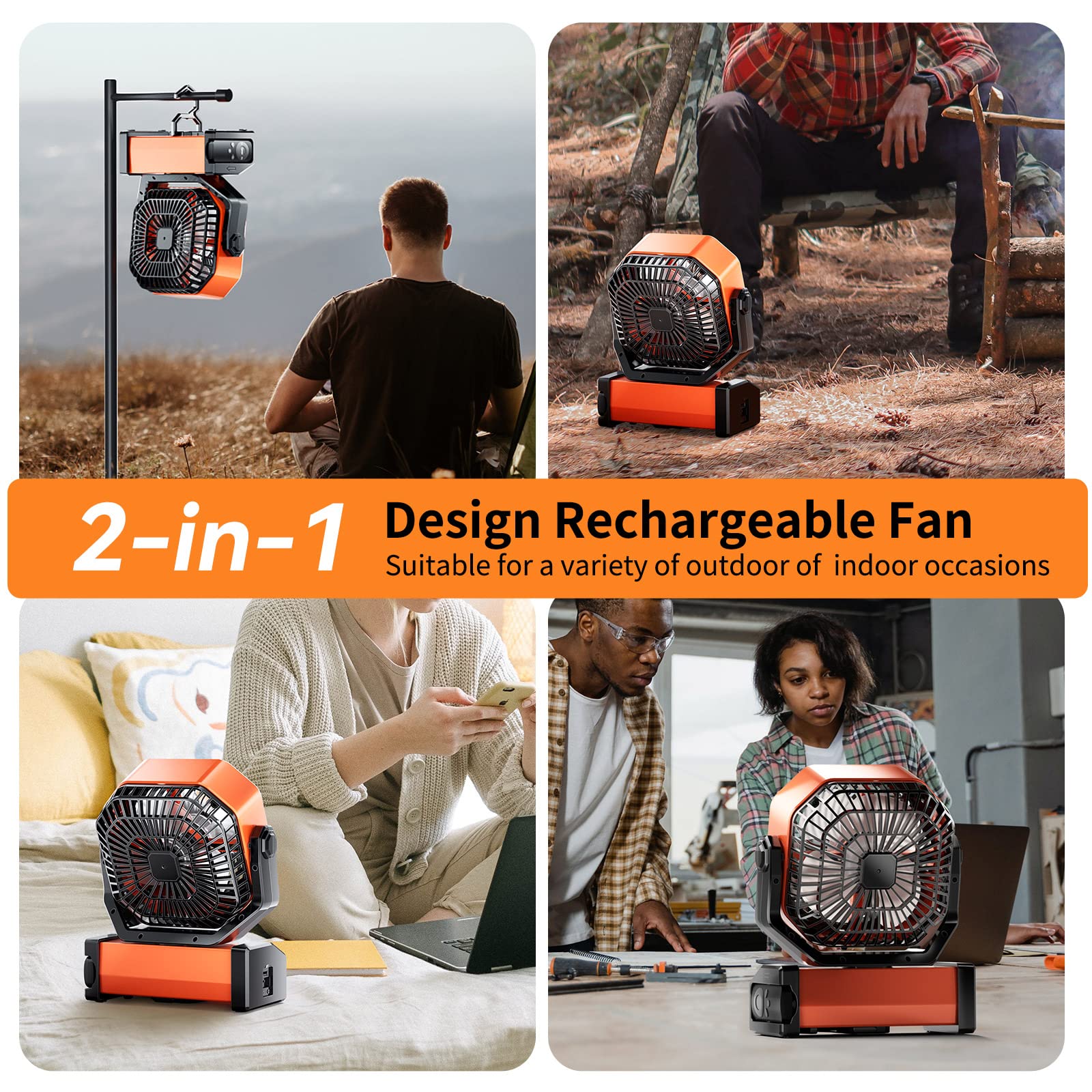 Camping LED Fan with Light, 20000mAh Rechargeable Battery Powered Outdoor Tent Fan with Light and Remote, 4 Speed, Personal USB Desk Fan for Camping, Fishing,Power Outage,Hurricane, Worksite