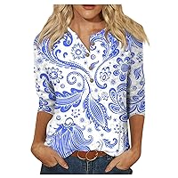 Women's 3/4 Sleeve Blouse 2024 Casual Round Neck Tunic Fashion Tee Button Summer Trendy Tshirt Retro Print Tops